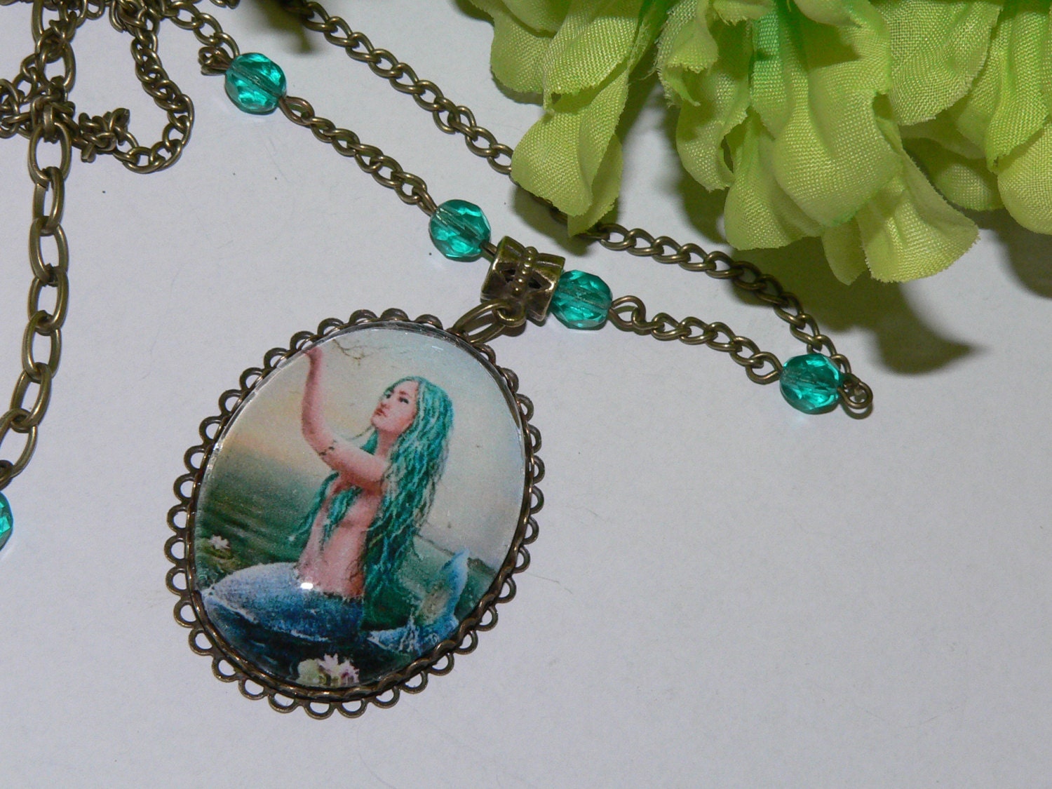 Mermaid Cameo Necklace Glass Cabochon Cameo with Antique Brass