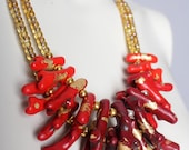 Red Coral Necklace / Handmade Ombre Dip Dye /  Bib Statement / Anthrpologie Inspired