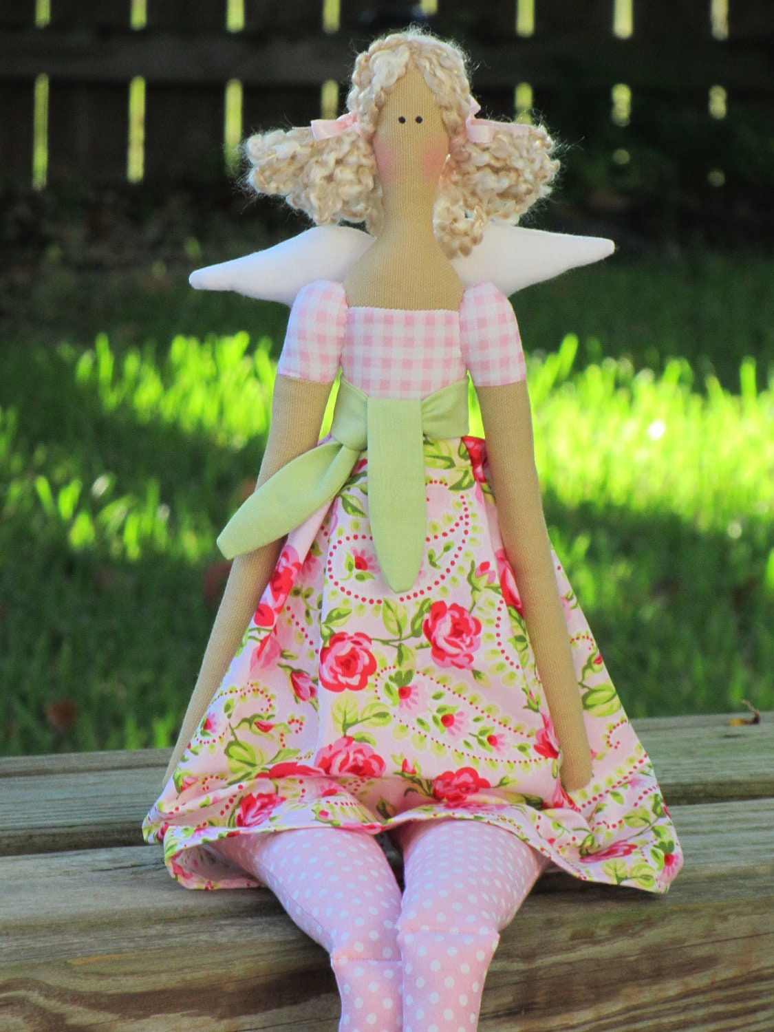 Fabric doll Angel cloth doll pink rose dress blonde rag doll art doll cute stuffed doll softie plush Easter gift for girls
