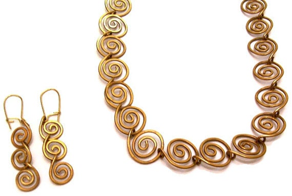 Spiral Jewelry Set, Bronze Necklace and Earrings