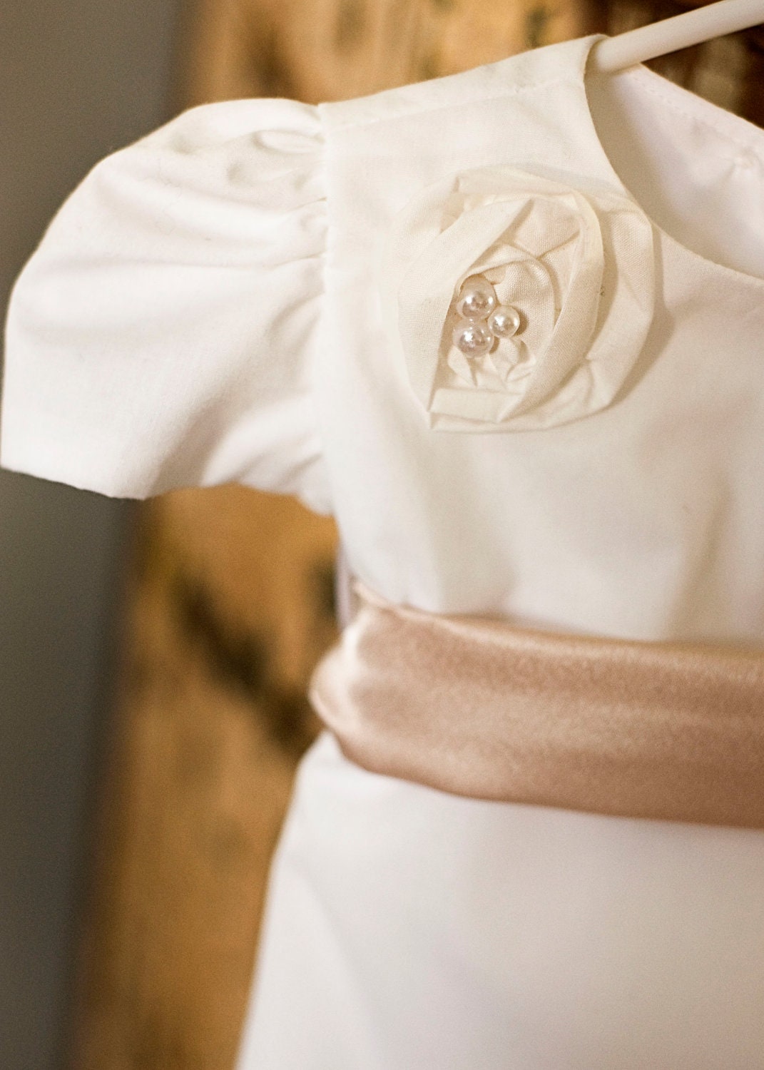 Baptism / Blessing White Bubble Dress Lace and Pearled Rose with Sash... The Ella Dress
