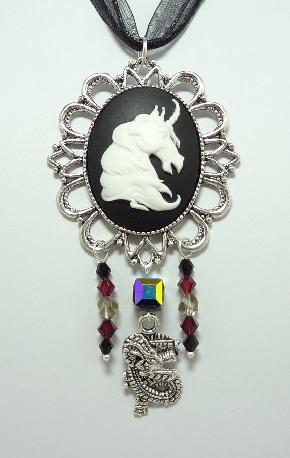 Mythical Unicorn Necklace with Swarovski Crystals, with Dragon and Tree of Life Charms - On Triple Strand Black Organza Ribbon
