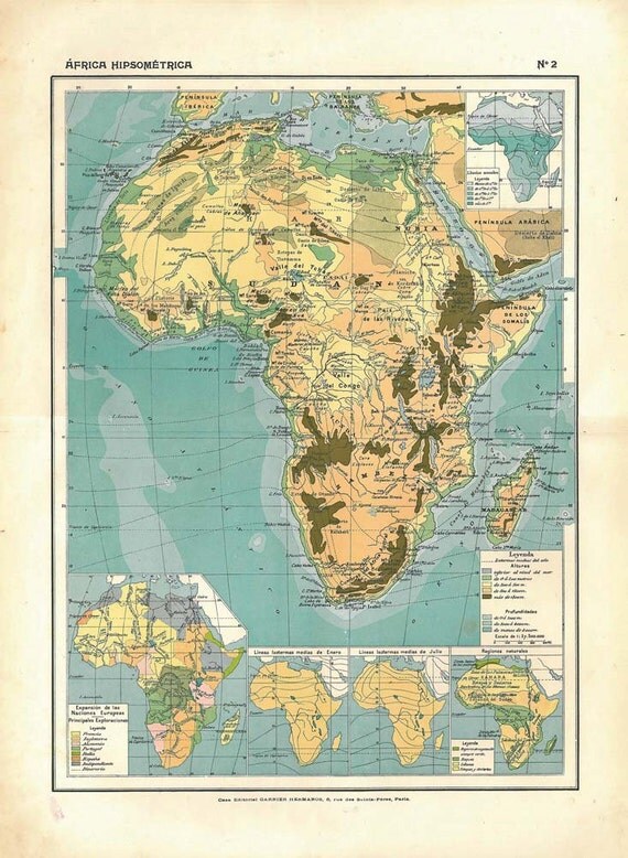 Physical Map Africa 1910s 100 Years Old Lithograph
