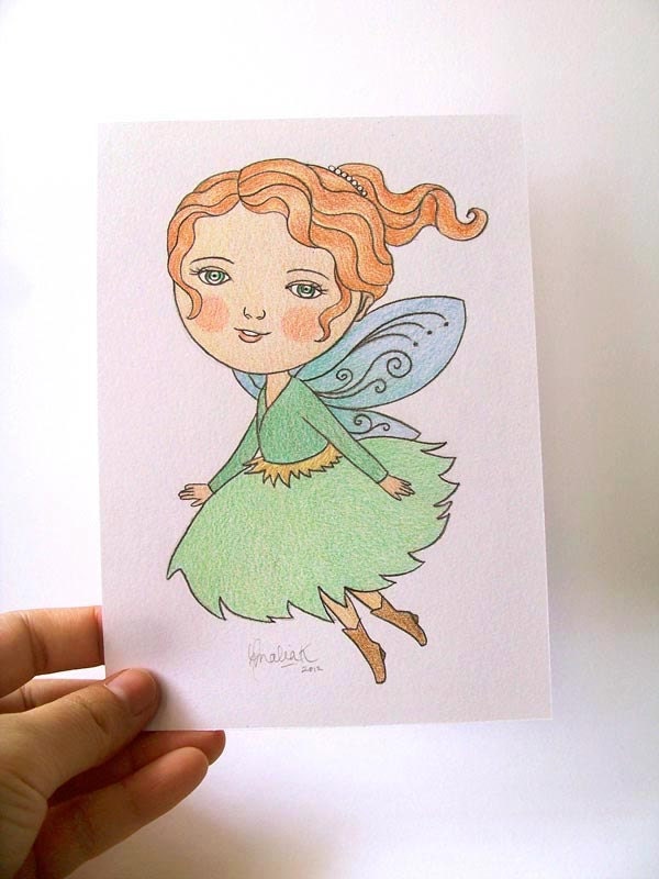 CLEARANCE SALE Original Illustration Pencil Drawing Nursery Children's Art - The Woodland Fairy by Amalia K