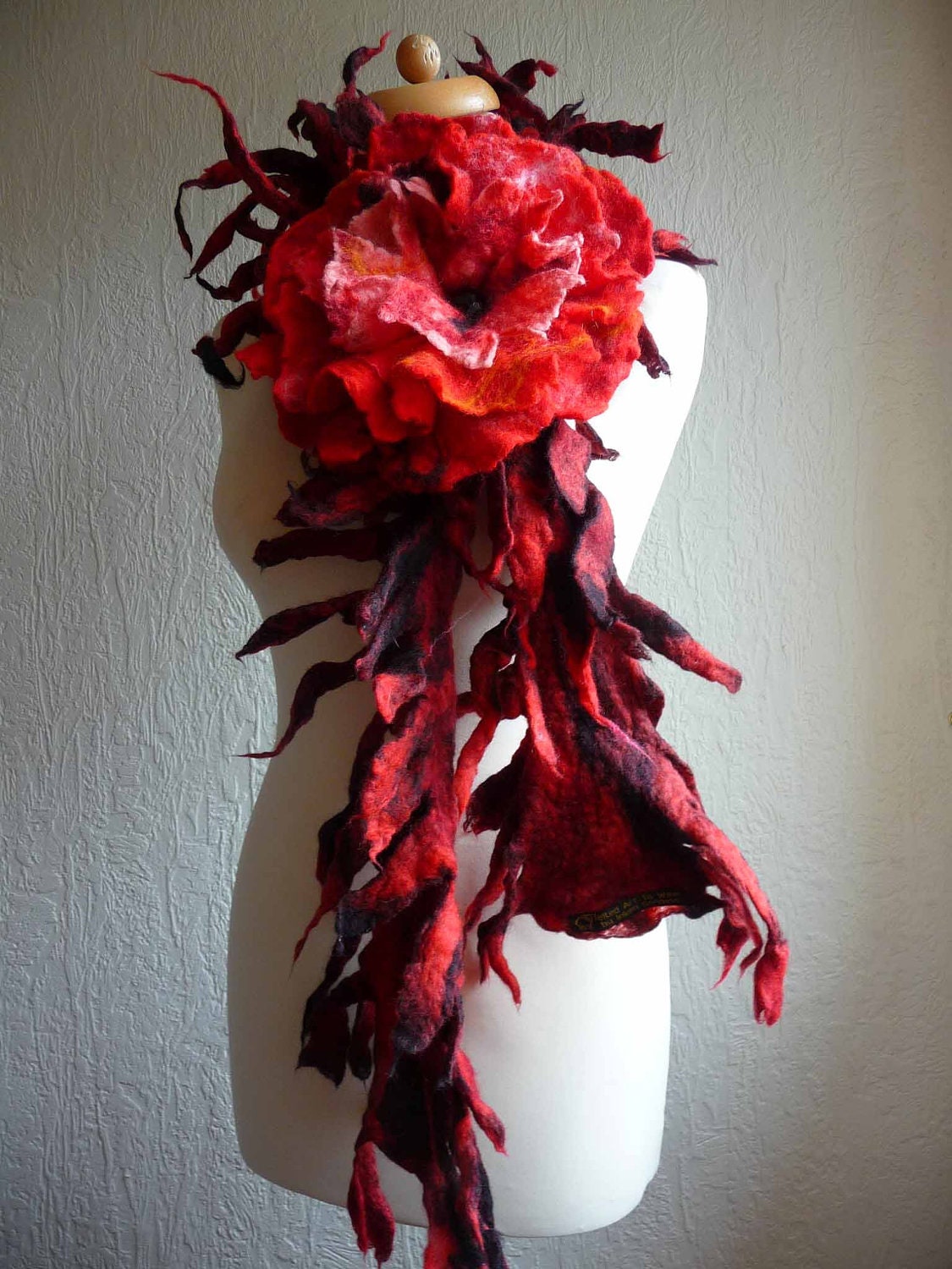 felted scarf , handmade, felt, wrap, red and black, spiky, lagenlook, MADE TO ORDER