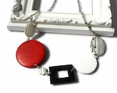 Red Necklace with Black and White Shells, Zebra Print and Wood Beads, Modern Necklace