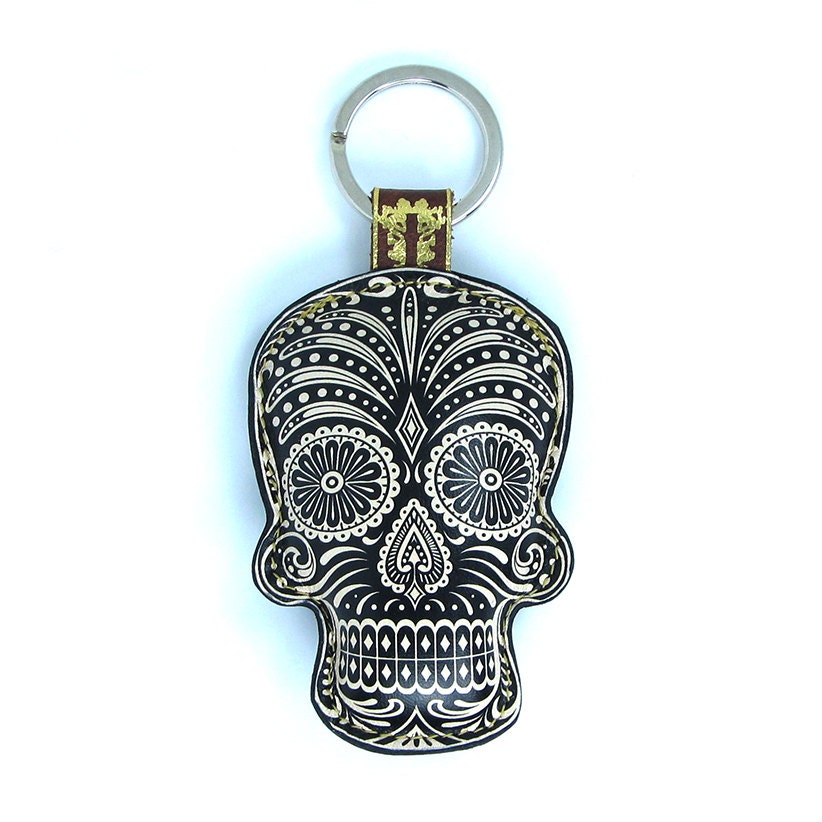 Leather keychain / bag charm - Black Sugar Skull