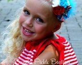 Seuss Color Scheme Fabric & Wool Felt Flower Headband - Red, Turquoise, White - Baby, Toddler, Girl, Photo Prop
