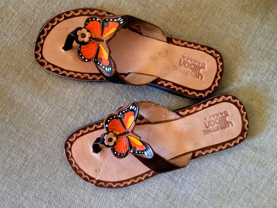 Butterfly Leather Thong Sandals Hippie Shoes Sandals Orange Brown from ...