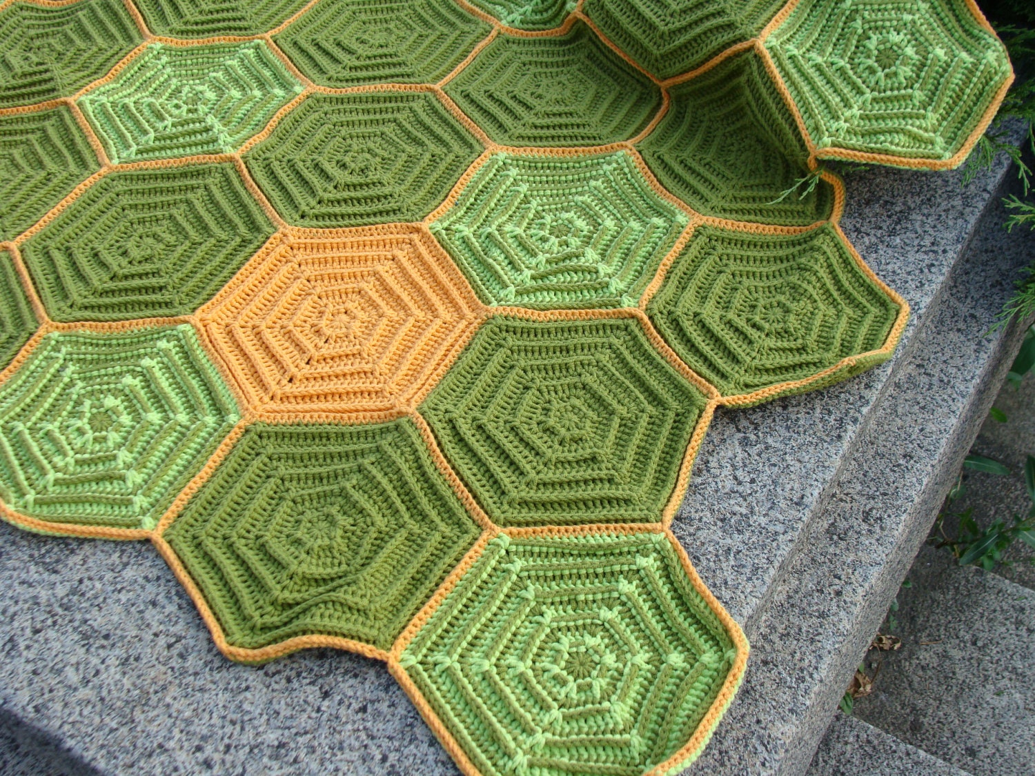 Geometric hexagon afghan, blanket,  colorful, handmade, crochet, patchwork, bed cover, cozy, orange, green