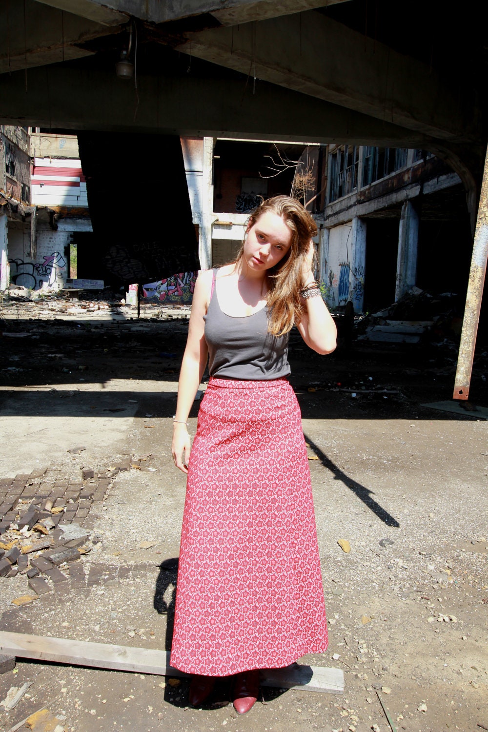 SALE Vtg 60s 70s Red Maxi Skirt / Textured Polyester Print Skirt / Floral Repeat Graphic