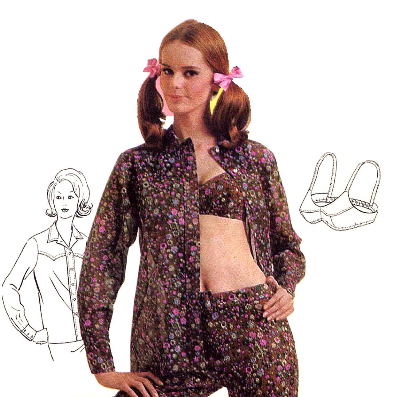 1960s Vintage Sewing Pattern Mod Bra Top and Western Shirt Blouse in Three Styles McCalls 8334 Bust 34