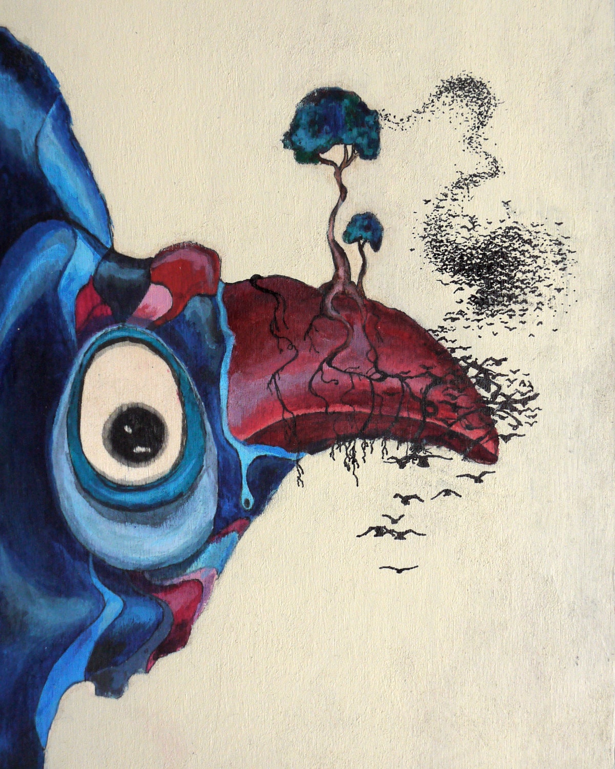 Surreal bird/parrot art print  - Where will I go - 8x10