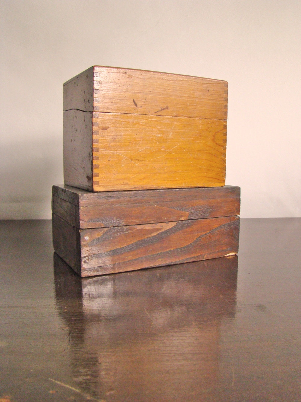 pair of distressed vintage wooden boxes