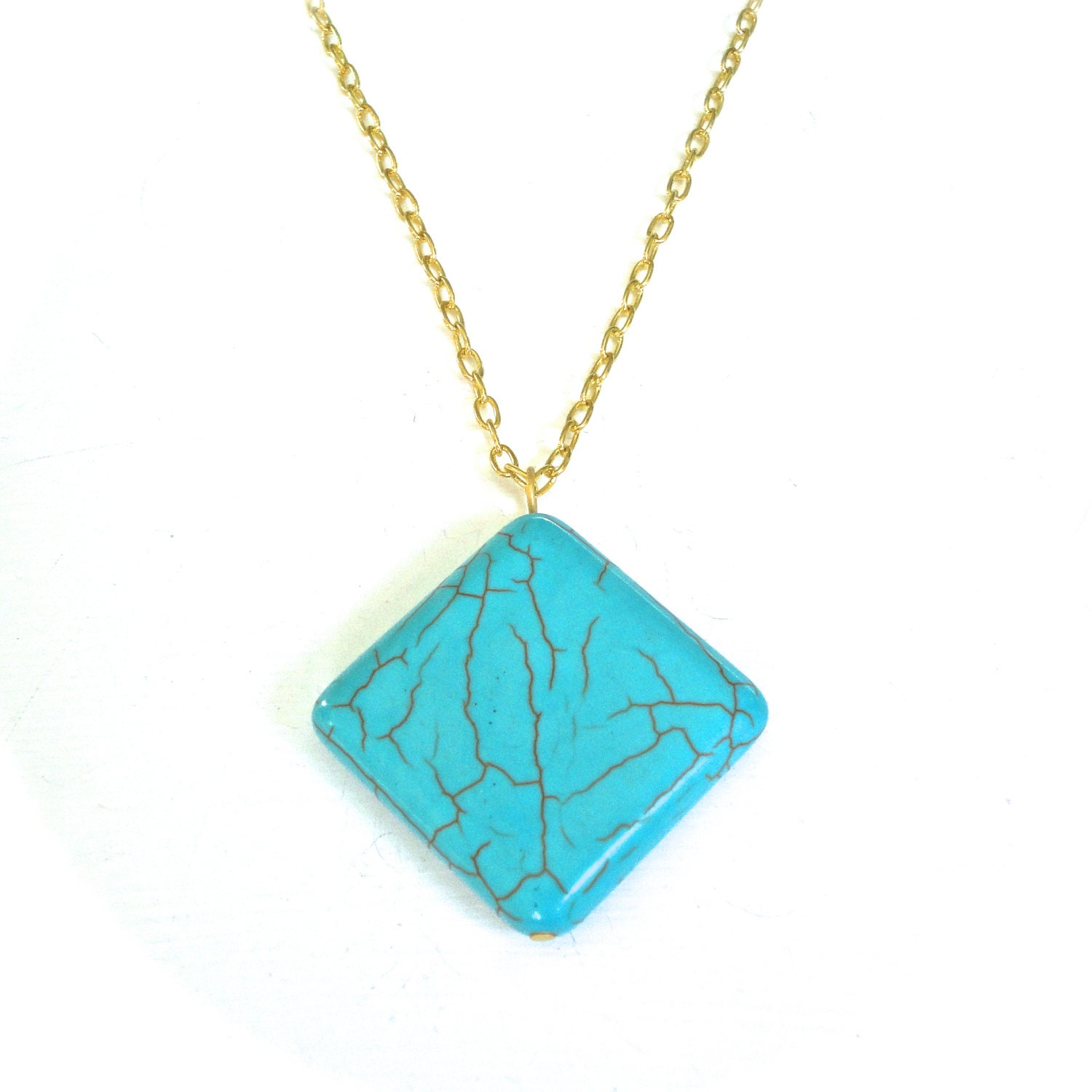 Long Turquoise Necklace - Large Diamond Square Teal Pendant on Gold Chain