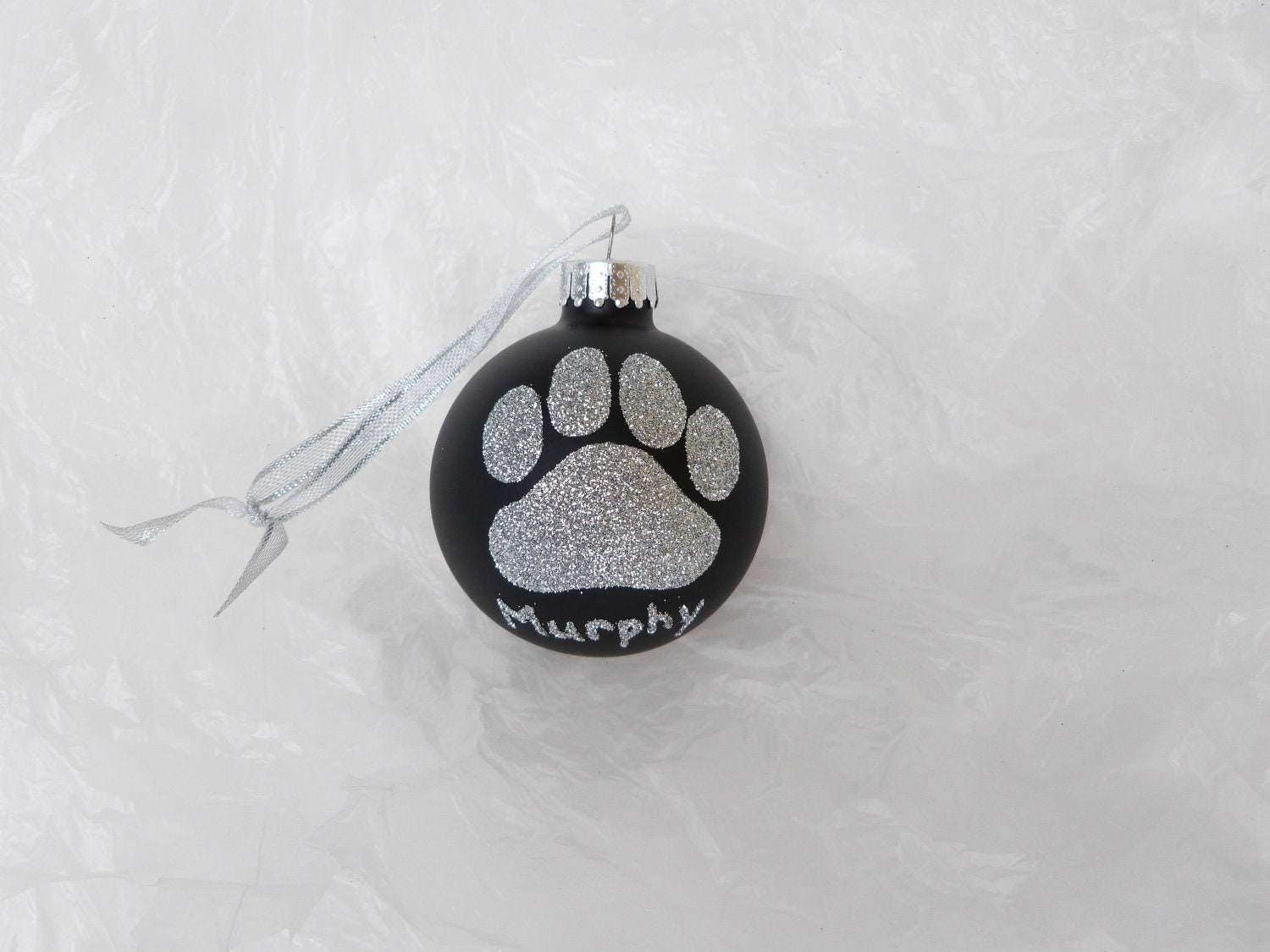 Silver Dog Paw Print Glitter Ornament - Personalized Pet Doggie Glass Ball Ornament - Silver and Black Ornament