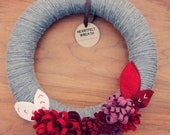 Yarn wrapped Holiday Wreath with Dimensional Felt Flowers, Grey, Red,  White, 12 Inch Wreath by Catshy Crafts