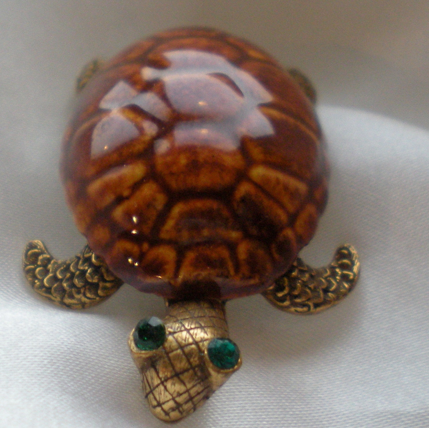 Ceramic shell turtle brooch with rhinestone eyes sale price