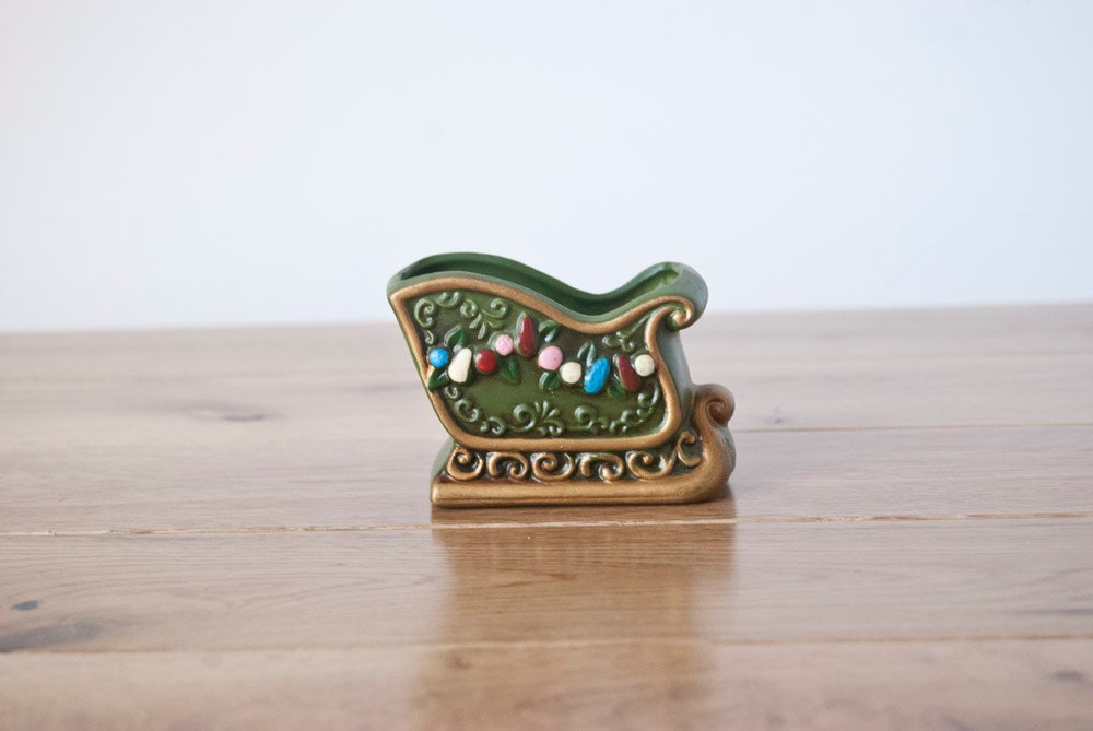 Green Sleigh Candle Holder Vintage Christmas Decor