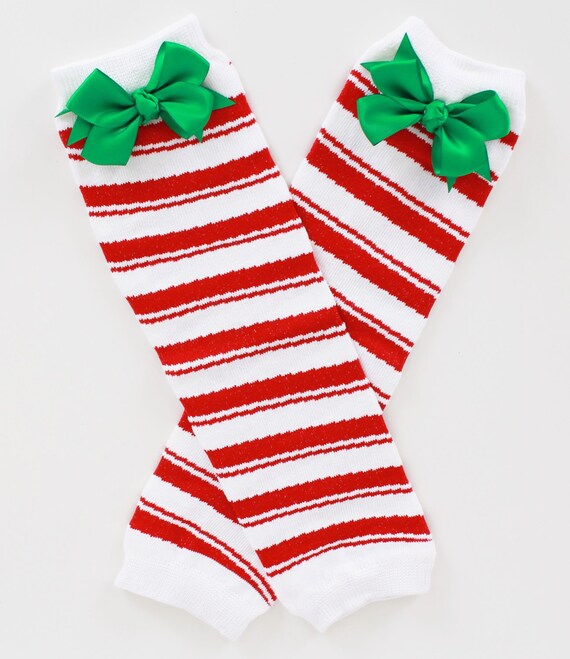 READY TO SHIP: Leg Warmers - Red & White - Candy Cane Stripe with Green Bows - Treasured Treat - Christmas Outfit Accessory - One Size Il_570xn