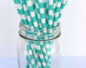TURQUOISE HORIZONTAL Stripe Straws-25 Turquoise Stripe Straws-retro stripe straws-paper straws-mint paper straws-25 count Il_170x135