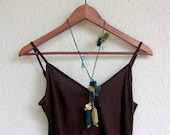 Lariat fiber necklace, olive green teal, OOAK