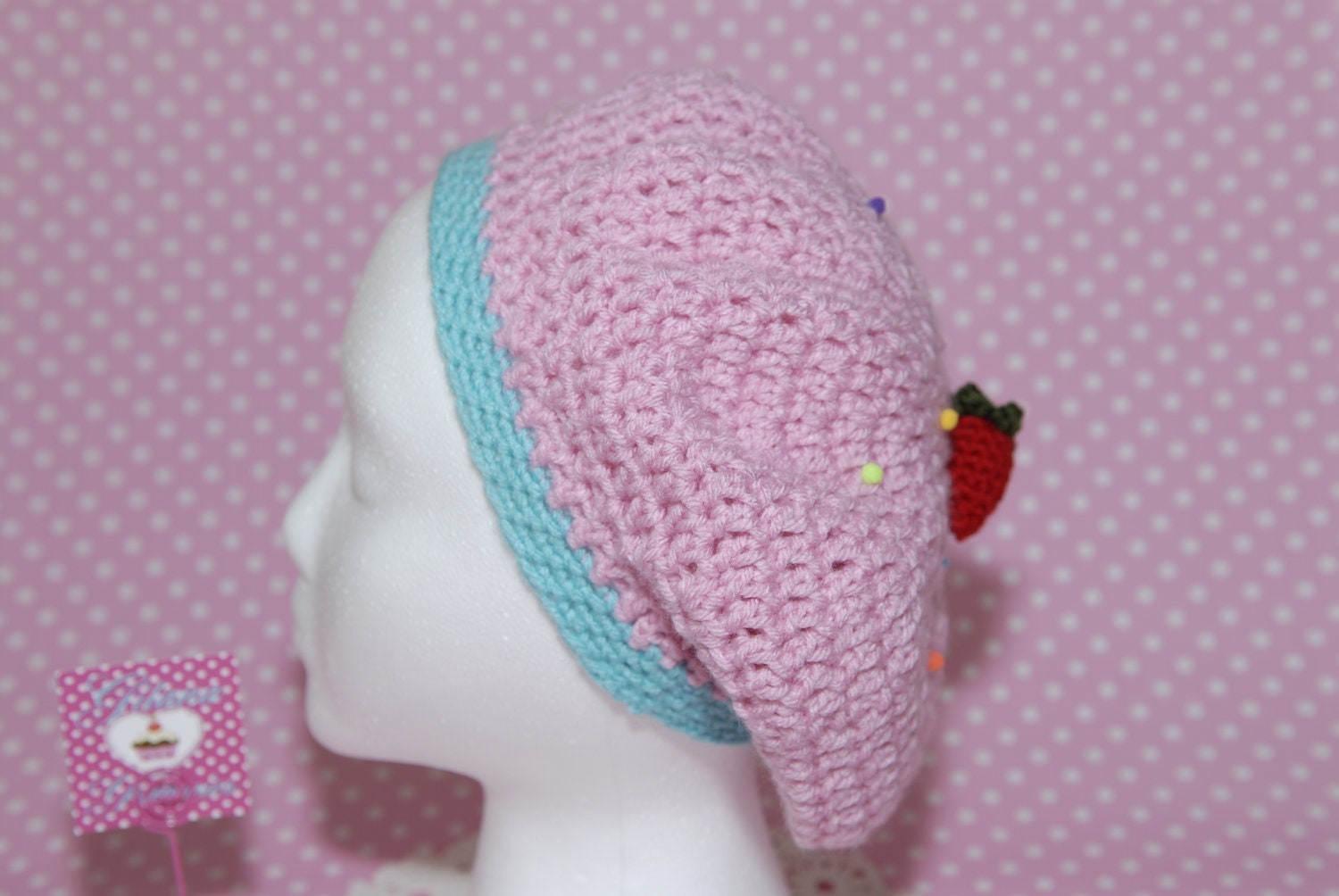 Strawberry Cupcake Crochet Slouchy- Crochet Hat- Cupcake Hat- Women Hat- Crochet Beret- Kawaii- Pink
