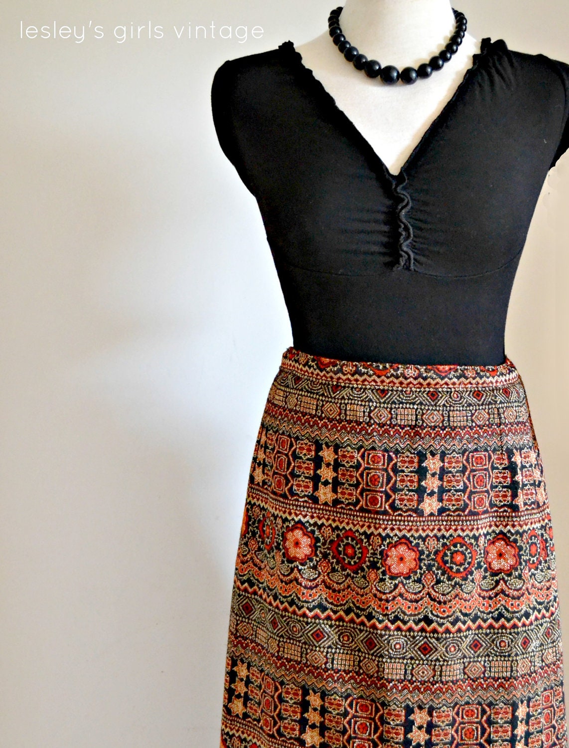 1960s Vintage Skirt- black, gold and red heavy fabric a-line skirt LARGE Fall fashion // "Starry Eyed Skirt" from Lesley's Girls Vintage