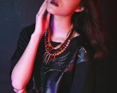 Rosimmer, Bib Necklace, rose gold rope, spikes statement necklace, faux pearls, crystal triangle OOAK costume jewelry
