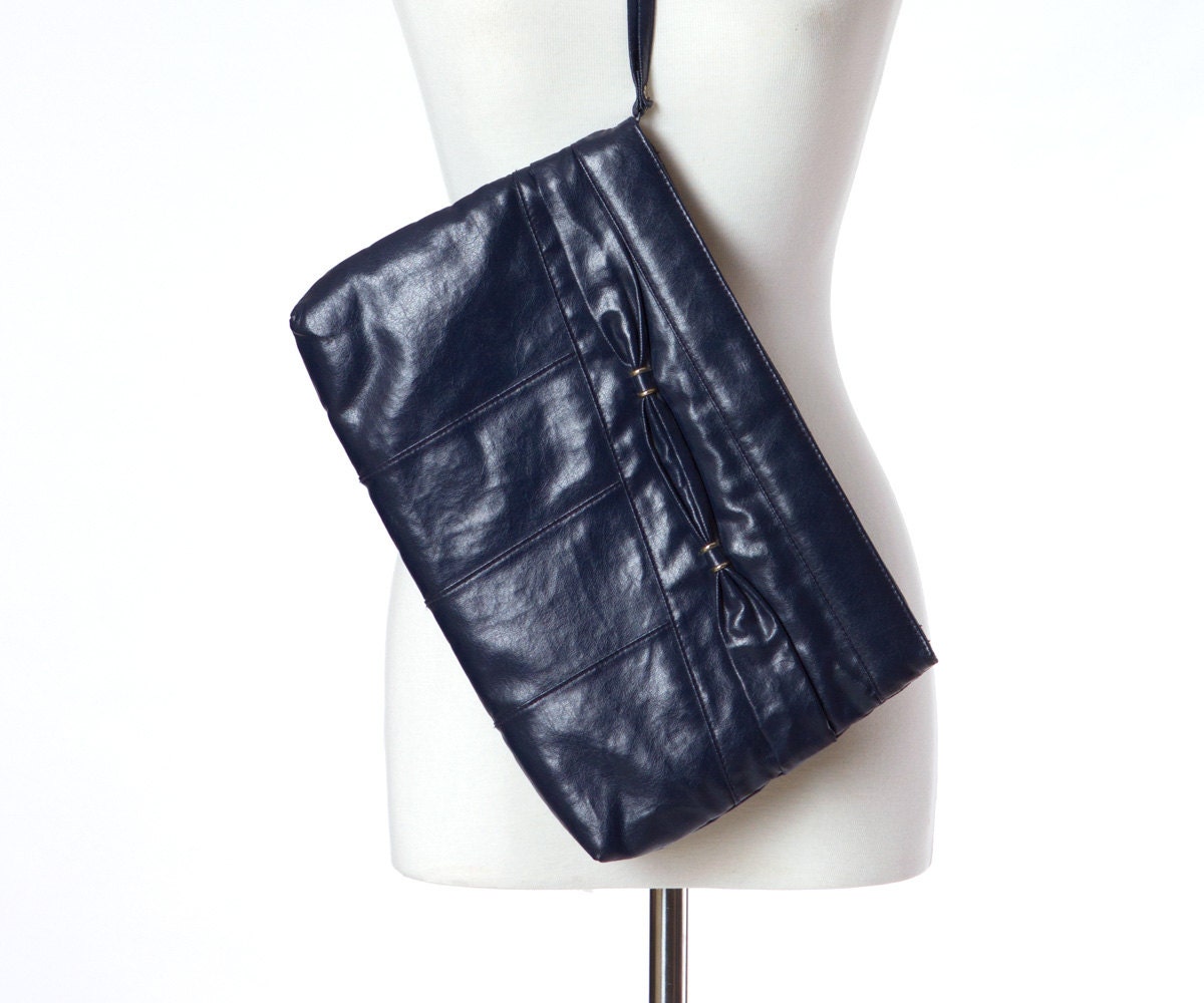 80s Vintage Clutch Bag Wristlet Navy Blue Imitation Leather