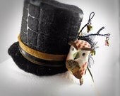 Mini Top Hat Hair Clip Owl, Wire Branches, Crystal Dangles, Ribbons, Embossed Felt, Tulle, Fascinator