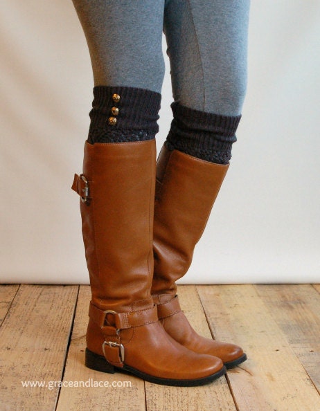 SALE SALE LouLou - Graphite: Open-work Leg Warmers w/ antique gold metal buttons - Legwarmers boot socks (item no. 9-23)