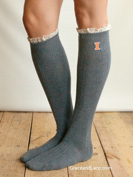 Lacey Fan UNIVERSITY OF ILLINOIS Boot Socks cable knit boot sock with lace and school logo - Collegiate boot socks (Item no.12-5)
