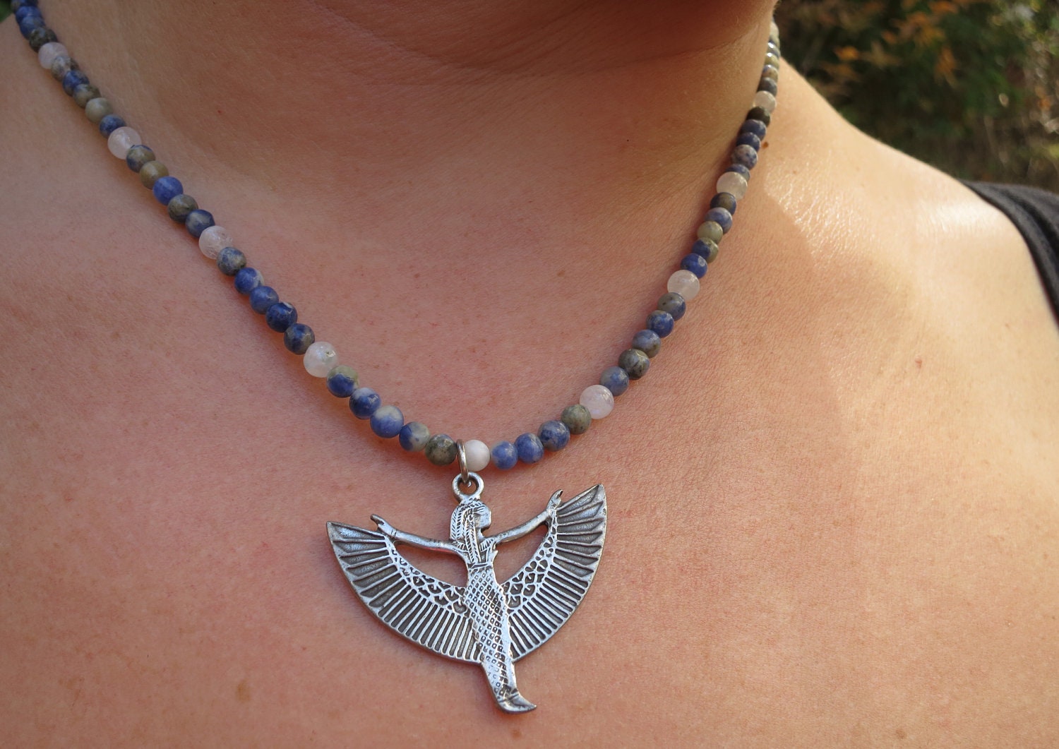 Egyptian Great Mother Isis Goddess Rosary Necklace with moonstone and sodalite