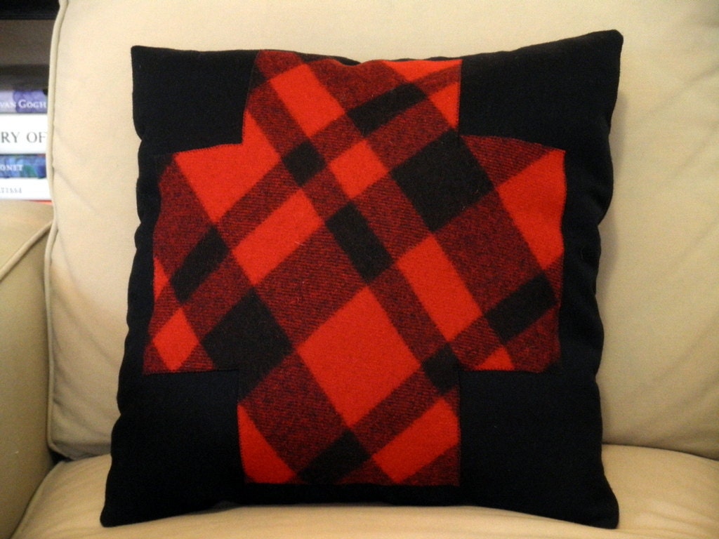 Lumberjack buffalo plaid, Pendleton fabric handmade in a contemporary Navajo cross applique, red and black 18 x 18