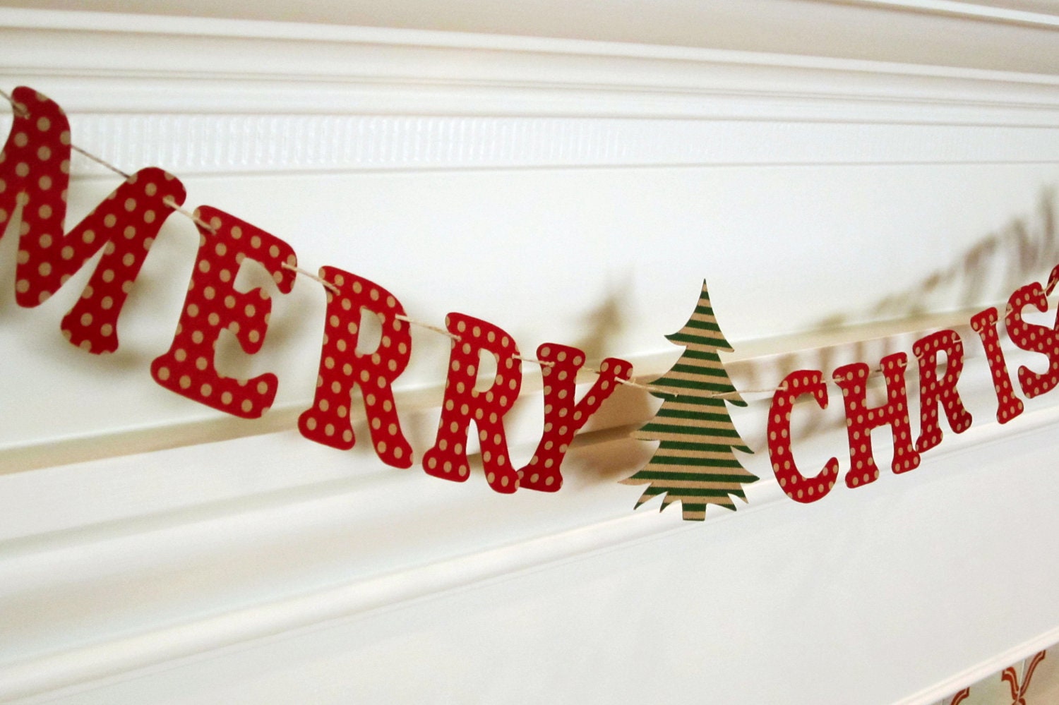 Merry Christmas Garland Banner Nostalgic Red Polka Dot and Green