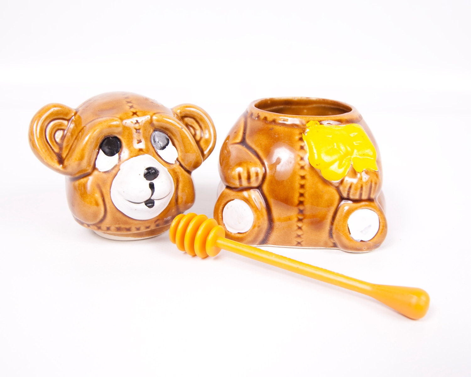 Vintage Honey Pot Honey Bear Houston Foods 1982 Honey Dipper Browns Yellows