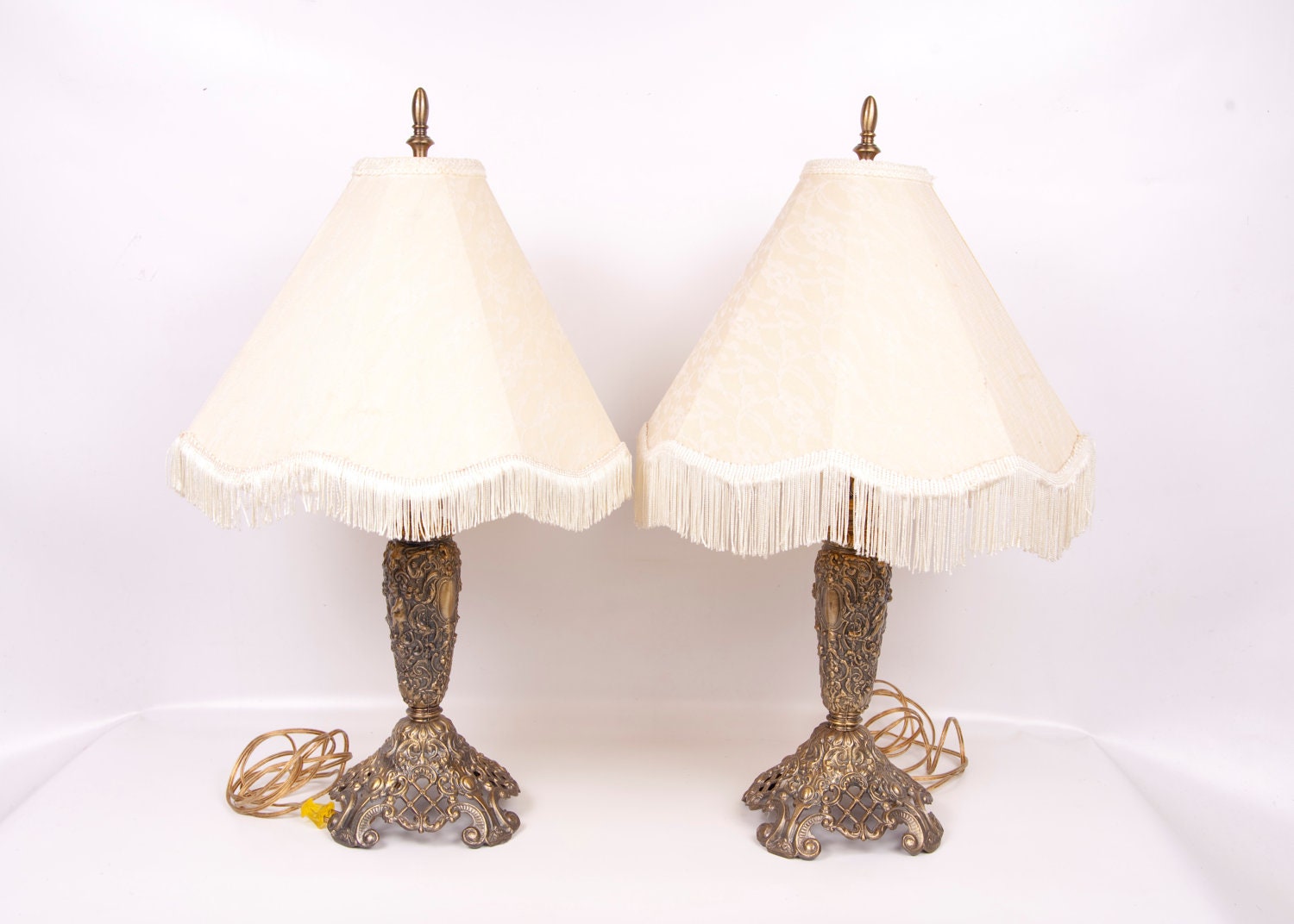 Vintage Victorian Cherub Lamps Cast Metal Fringed Ivory Brocade Lace Covered Shades Bronze
