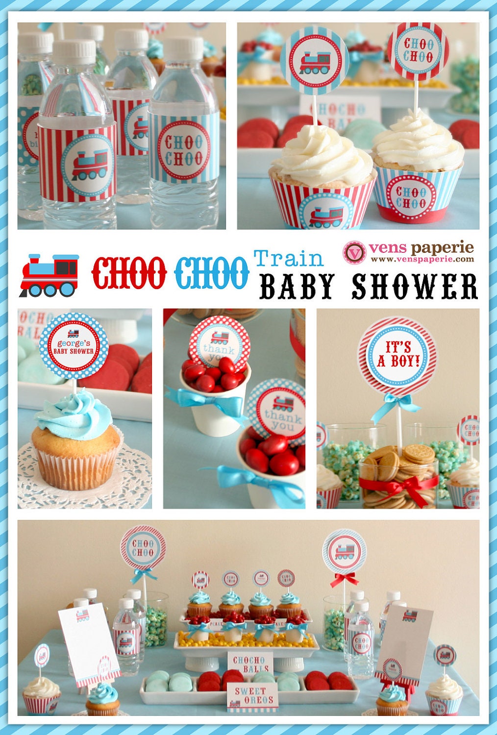 Vintage Choo-Choo Train Baby Shower Package Personalized FULL Collection Set - PRINTABLE DIY - BS802CA1x