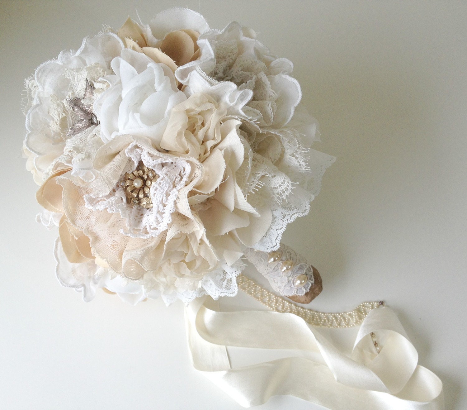Fabric flower bouquet, Vintage weddings, Brooch bridal bouquet, Keepsake bouquet, Champagne and lace bouquet