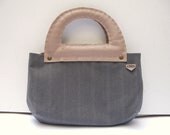 Neutral Grey Gray Pin Stripe Hand Bag Clutch Purse with Biege Hand Stitched Puffy Leather Handles OOAK