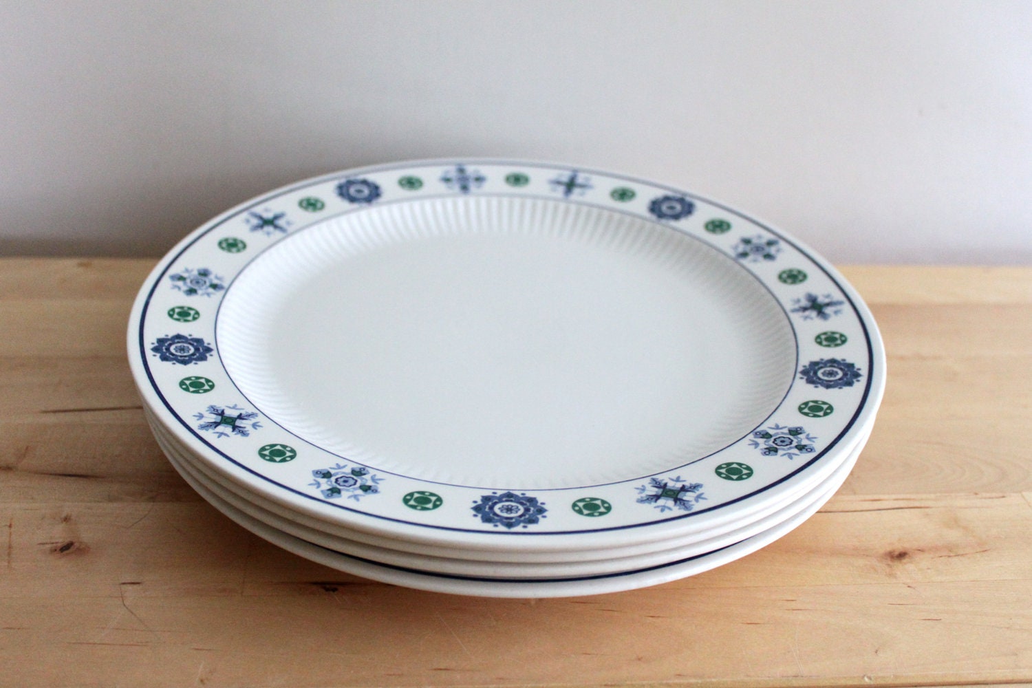 Vintage Snowflake Dinner Plates - Ironstone Dinnerware with Green and Blue Snowflake Motif (Set of 4)
