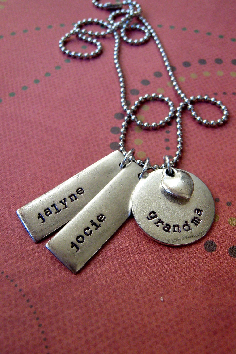 Grandmother's Mother's personalized hand stamped metal necklace with a heart and names
