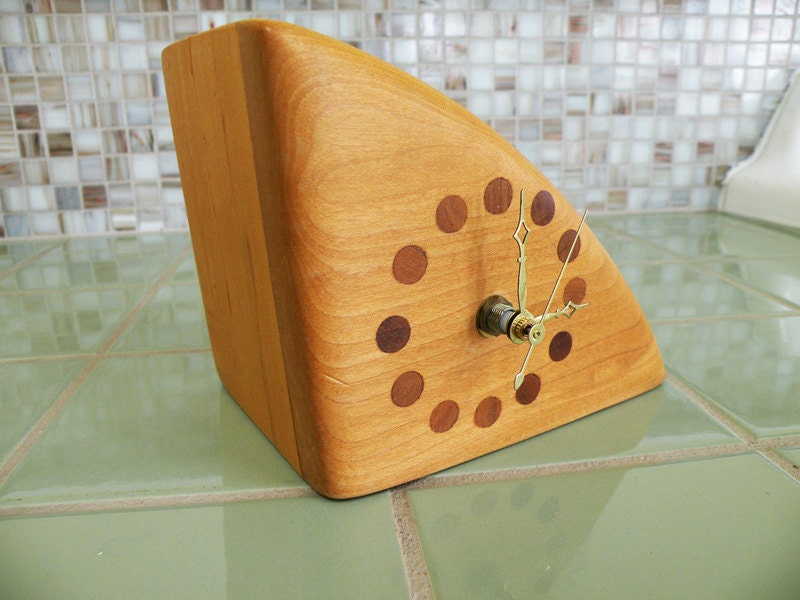 Modern Vintage Handmade Wooden Butcher Block Clock // 80s Decor Inlaid Wood