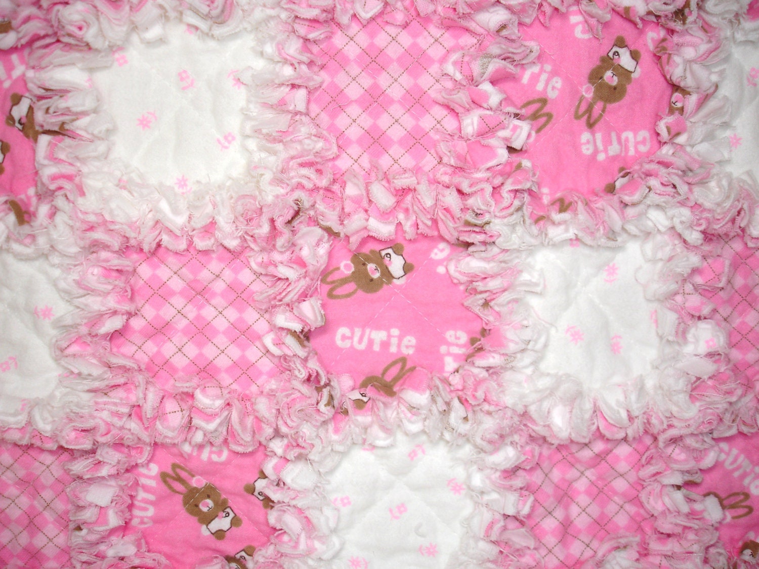 Baby Girl Bunny Rag Quilt Throw Blanket - Pink, White, Plaid - Baby Bunny - Flannel