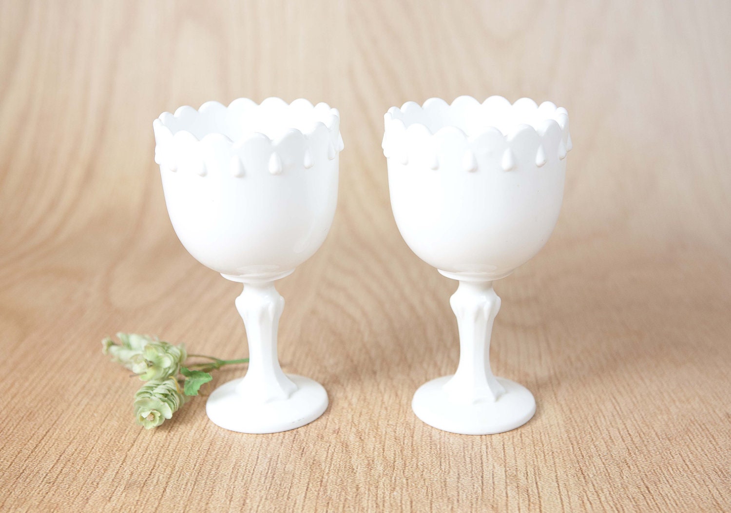 Milk Glass Goblet, Pedestal, Compotes, Vases w/ scallop edge, tear drop pattern (set of 2)