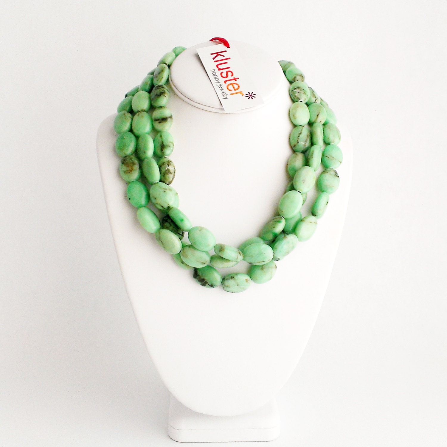 Sea Green Gemstone Necklace by Kluster. Chunky Mint Green Necklace. Green Beach Necklace. Chyrsoprase and 100% Sterling Silver.