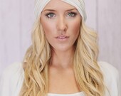 Boho Turban Headband Ivory Cream Stretch Workout Headband Women's Hair Accessories Twist Hair Bands in Off-White Stretchy Jersey (T01)