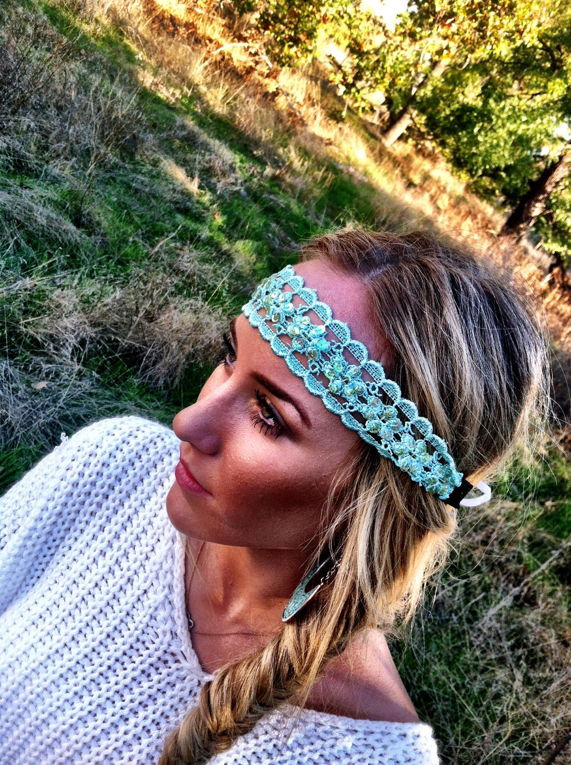 Beaded and Sequined Boho Headband in Tiffany Blue with Ribbon Tie Backs - Hip To It Headband