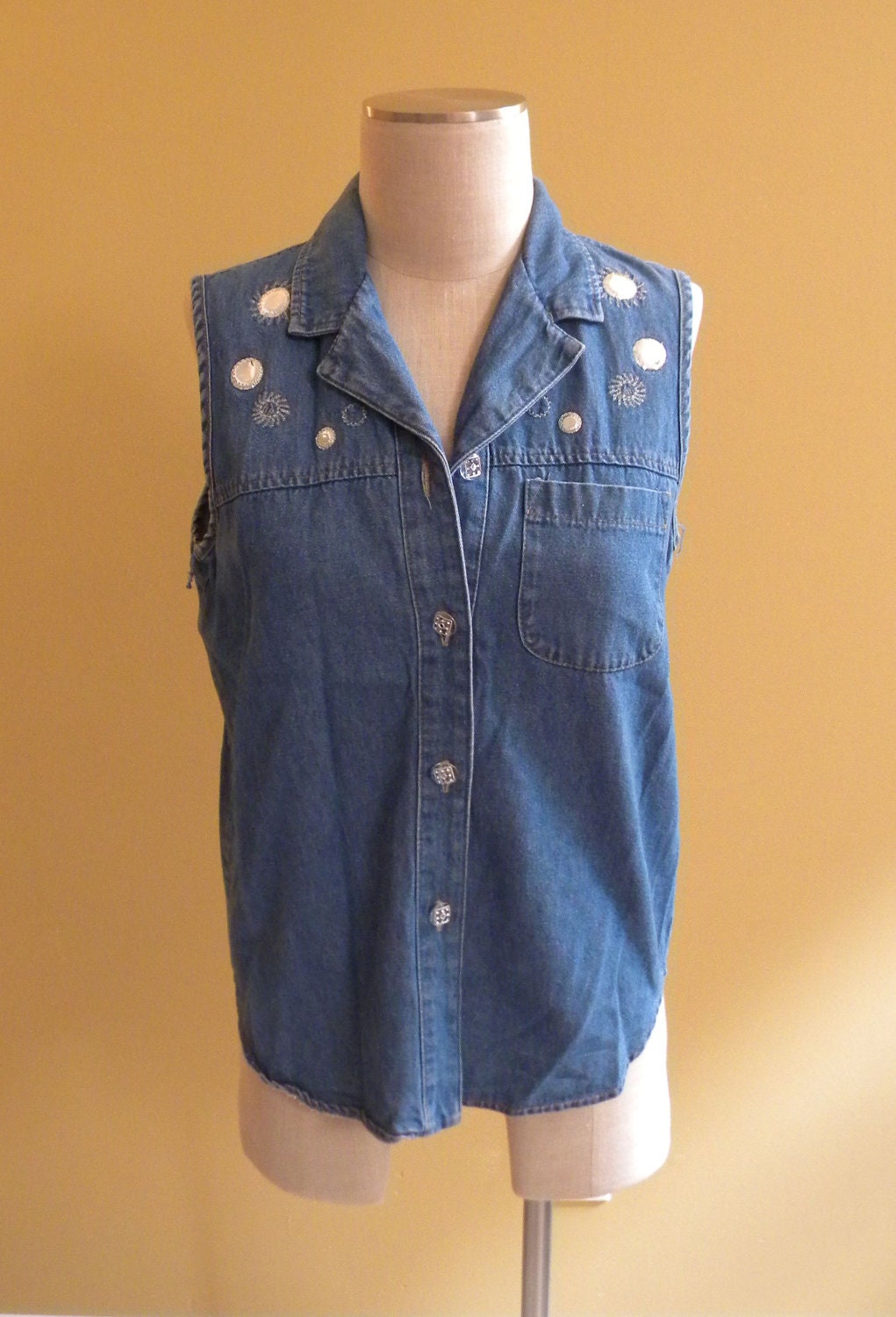 1980s/90s Trendy Kitsche Hipster Grunge Bedazzled Oversized Sleeveless Button Down Denim Blouse w/ Big Pocket Size S/M